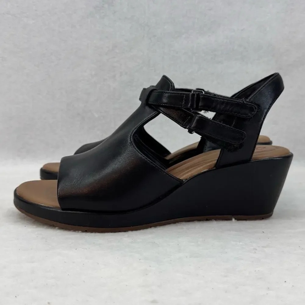 EUC Clarks Unstructured Black Leather Wedges Shoes Heels size 8.5 Worn Once